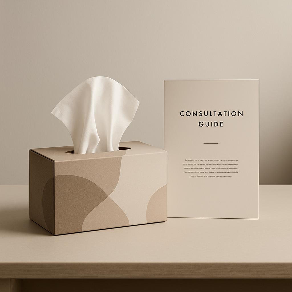 The image shows a tan-colored tissue box with a tissue sticking out, a consultation guide to the right, sitting on a plain...
