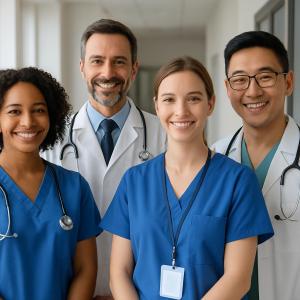 Four doctors and a nurse standing together bedside a hospital, smiling at the camera.