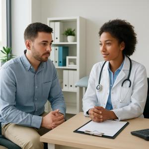 A female doctor in a white lab coat, with a stethoscope around her neck, sits at a desk next to a man, both facing forward...